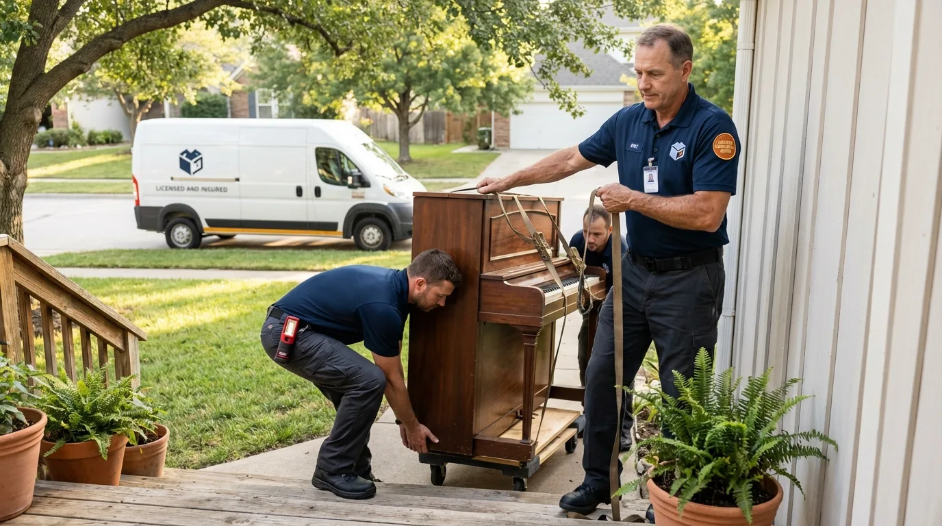 Licensed piano movers securing grand piano in Scituate, MA