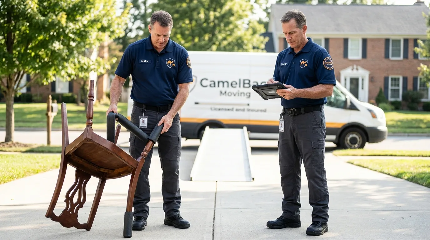 Movers inspecting furniture for damage prevention before loading in Scituate, MA