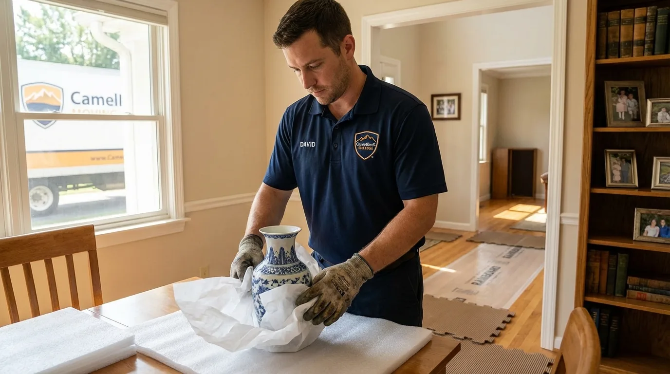 Professional crew carefully wrapping antique vase for senior downsizing move in Scituate, MA